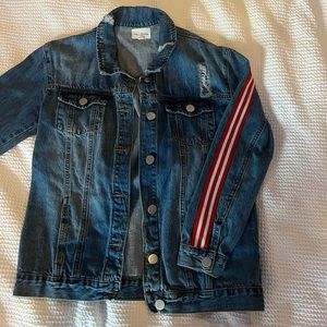 Distressed, Oversized Jean Jacket w/ Racing Stripe